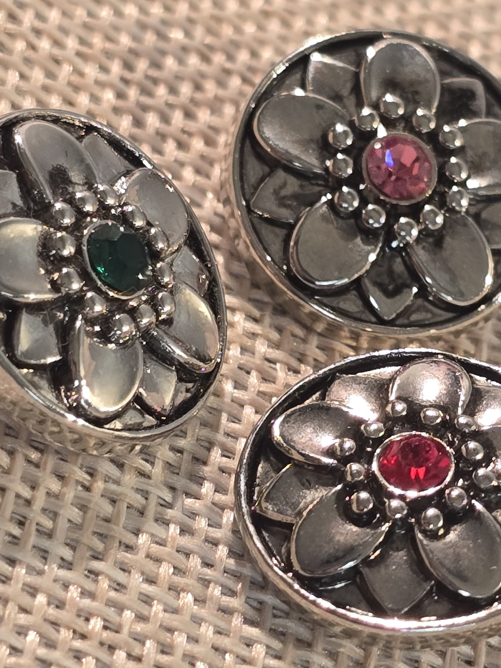 3 Silver Flower Ginger Snaps Interchangeable Pendants with Colored Gem Centers